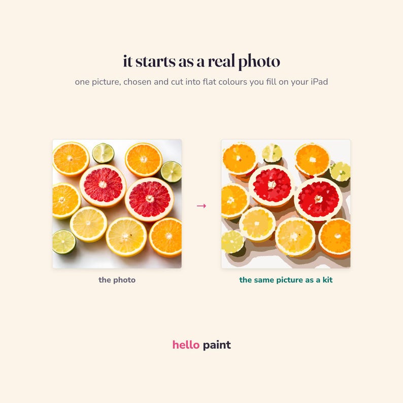 May include: A digital painting kit demonstration featuring the text 'it starts as a real photo', 'one picture, chosen and cut into flat colours you fill on your iPad', 'the photo', 'the same picture as a kit', and 'hello paint' with citrus fruit imagery.