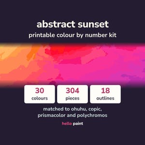 abstract sunset color by number kit: the finished picture of a painterly wash of gold and butter yellow burning through cloud, beside the photo it was cut from and a numbered outline page from the printable pdf