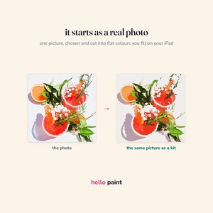May include: A digital art kit display featuring the text it starts as a real photo and hello paint. It shows a side-by-side comparison of a photograph of citrus drinks with rosemary and its converted flat-color digital painting version for iPad.