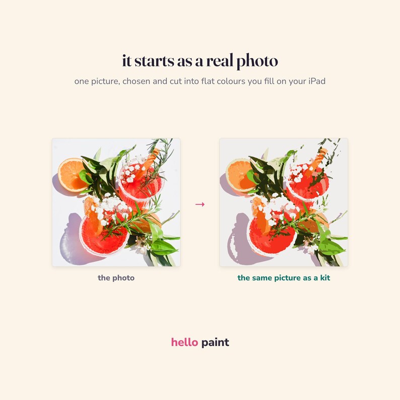 May include: A digital art kit display featuring the text it starts as a real photo and hello paint. It shows a side-by-side comparison of a photograph of citrus drinks with rosemary and its converted flat-color digital painting version for iPad.
