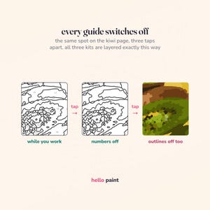 the numbers and the outlines both switch off in every fruit trio kit: the same spot on the kiwi page while you work, then with the numbers off, then with the outlines gone too