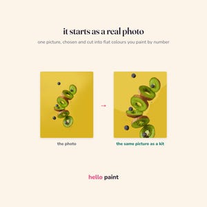 the real photograph behind the kiwi slices kit beside the finished flat colour version, showing how one photo becomes a printable paint by number
