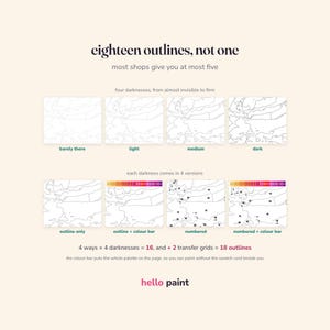 eighteen printable outline pages for the abstract sunset kit at four line darknesses, plain or numbered, so alcohol markers and colored pencils each get a page that suits them