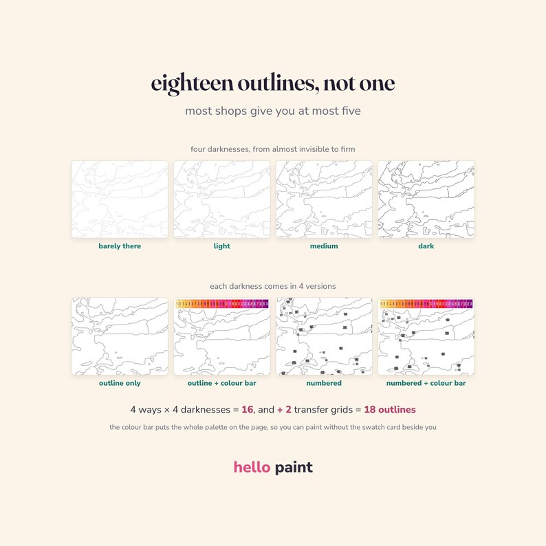 eighteen printable outline pages for the abstract sunset kit at four line darknesses, plain or numbered, so alcohol markers and colored pencils each get a page that suits them