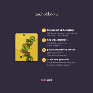 May include: A digital instructional graphic with a dark purple background featuring the text tap, hold, done. It includes a yellow square illustration of sliced kiwi fruit and four numbered steps explaining a digital painting process for layers.