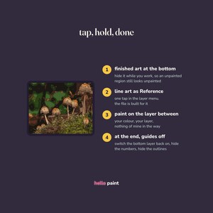 K&ouml;nnte beinhalten: Eine dunkelviolette Anleitungsgrafik mit dem Titel tap, hold, done. Sie enth&auml;lt eine digitale Illustration von Pilzen und vier nummerierte Schritte zur Verwendung von Ebenen beim Malen, mit dem Text hello paint am unteren Rand.