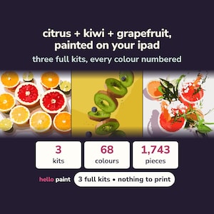 three procreate color by number kits in one fruit trio bundle: citrus halves, kiwi slices and grapefruit cocktail side by side, 68 colors and 1,743 pieces across the three kits