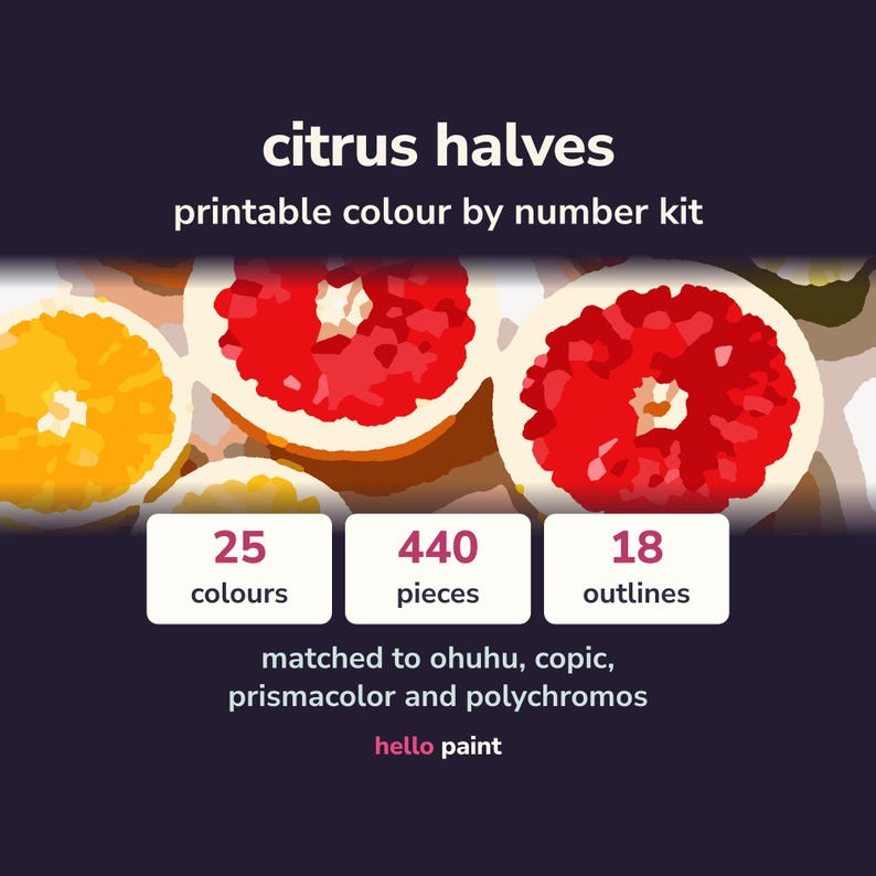 citrus halves color by number kit: the finished picture of oranges, pink grapefruit and lemons cut open and laid out from above, beside the photo it was cut from and a numbered outline page from the printable pdf