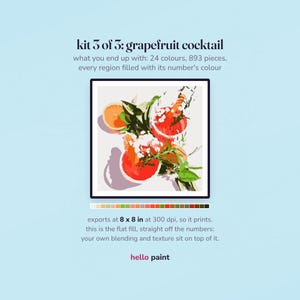 the finished grapefruit cocktail digital painting, kit three of the fruit trio: two cocktails from above with rosemary and baby's breath tucked in, 24 colors and 893 pieces