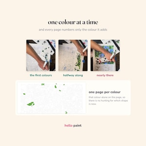 May include: A coloring book page with the text one colour at a time and every page numbers only the colour it adds. Three panels show the coloring process labeled the first colours, halfway along, and nearly there. A final panel shows one page per colour.