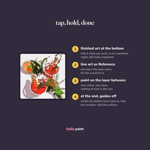 May include: A digital instructional graphic on a dark background with the text tap, hold, done. It features a square illustration of colorful abstract shapes and four numbered steps explaining a painting process, ending with the logo hello paint.