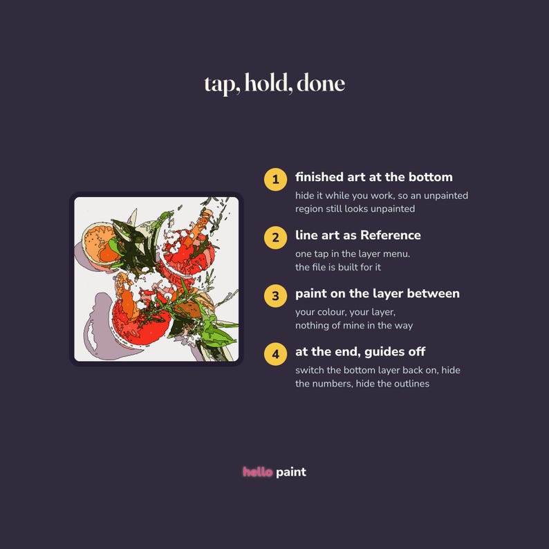 May include: A digital instructional graphic on a dark background with the text tap, hold, done. It features a square illustration of colorful abstract shapes and four numbered steps explaining a painting process, ending with the logo hello paint.