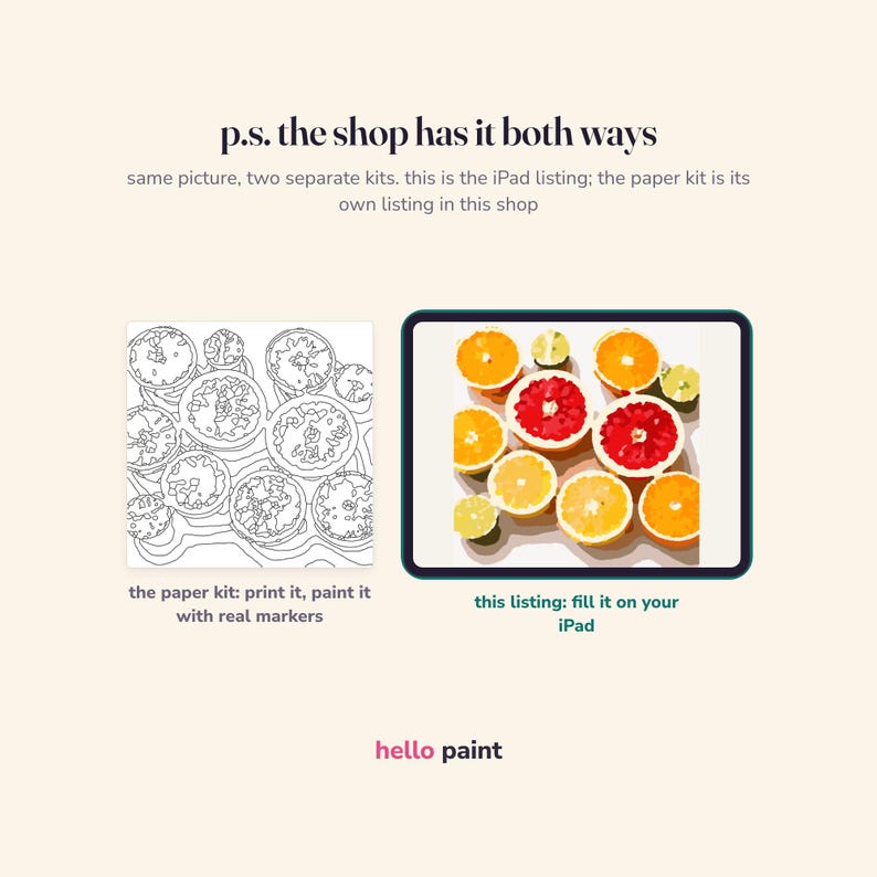 May include: A digital painting kit for iPad featuring a citrus fruit design with oranges and grapefruits. Text reads: p.s. the shop has it both ways, same picture, two separate kits. this is the iPad listing; the paper kit is its own listing in this shop, the paper kit: print it, paint it with real markers, this listing: fill it on your iPad, hello paint.