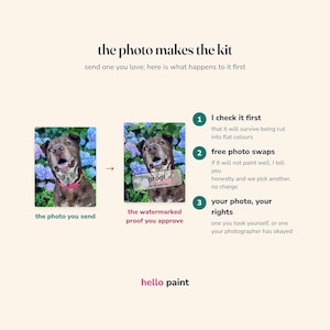 May include: An infographic titled the photo makes the kit explaining a custom painting process. It shows a dog photo, a watermarked proof, and three numbered steps: I check it first, free photo swaps, and your photo, your rights, ending with hello paint.