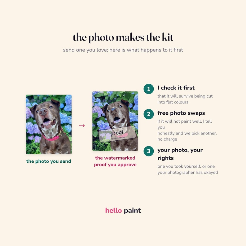 May include: An infographic titled the photo makes the kit explaining a custom painting process. It shows a dog photo, a watermarked proof, and three numbered steps: I check it first, free photo swaps, and your photo, your rights, ending with hello paint.