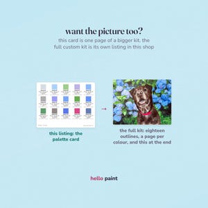 the printable color palette card beside a finished hand painted picture, showing how the swatch chart guides a marker or paint by number piece