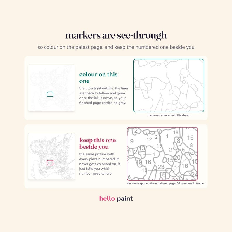 May include: An instructional graphic titled markers are see-through explaining a colouring process. It shows two pages: one with ultra-light outlines for colouring and another with numbered sections for reference, featuring the Hello Paint brand logo at the bottom.