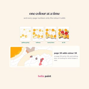 paint along pages for the citrus halves kit, built one colour at a time, from the first few shapes to the finished picture