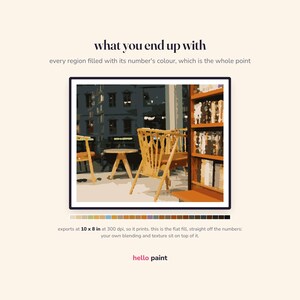 Pu&ograve; includere: Una stampa d'arte digitale di pittura con i numeri che mostra l'interno di un caff&egrave; con sedie in legno, un tavolo e una libreria. Testo: what you end up with, every region filled with its number's colour, 25,4 x 20,3 cm, hello paint.