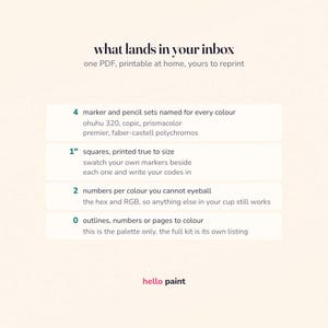 what is in the custom color palette download: a printable swatch card, the four brand match sheets, hex and rgb codes, and a color count you choose