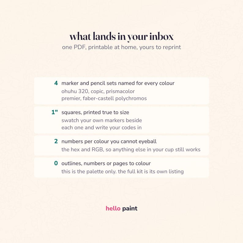 what is in the custom color palette download: a printable swatch card, the four brand match sheets, hex and rgb codes, and a color count you choose