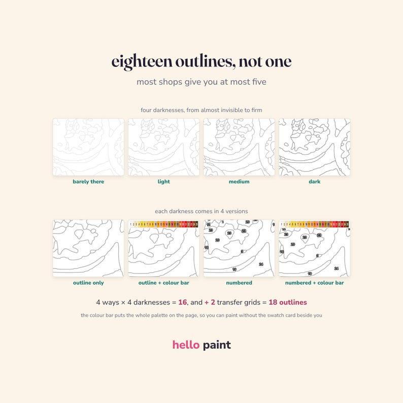 eighteen printable outline pages for the citrus halves kit at four line darknesses, plain or numbered, so alcohol markers and colored pencils each get a page that suits them