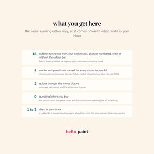 May include: An informational graphic titled what you get here, listing digital kit contents: 18 outlines, 4 marker and pencil sets, 2 guides, 0 guessing, and 1 to 2 days delivery. The text includes brand name hello paint at the bottom.