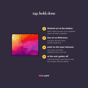 Puede incluir: Un gr&aacute;fico digital de instrucciones sobre un fondo oscuro con el texto tap, hold, done y hello paint. Incluye una lista numerada del uno al cuatro que explica un proceso de pintura junto a una imagen cuadrada con un degradado de colores c&aacute;lidos.