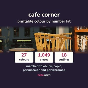 Dibujo para colorear por números de Cafe Corner (para imprimir) • Rotuladores de alcohol, lápices de colores (PDF)