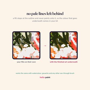 May include: A digital graphic demonstrating a paint fill technique with the text no pale lines left behind. Two square panels show a color-blocked abstract pattern, one with white outlines and one without, labeled your fills on their own and with the finished art underneath. The text below reads works the same with watercolour, gouache and any other see-through brush and hello paint.