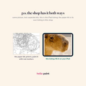 Pode incluir: Um kit de pintura digital para iPad com uma ilustra&ccedil;&atilde;o de capivara. O texto diz: p.s. the shop has it both ways, same picture, two separate kits. this is the iPad listing; the paper kit is its own listing in this shop, hello paint.