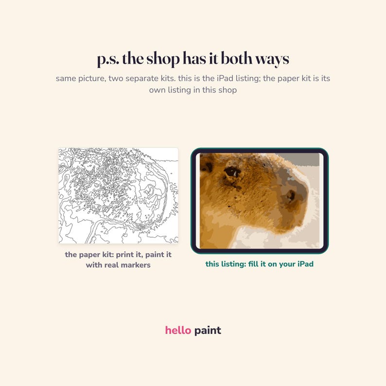 Pode incluir: Um kit de pintura digital para iPad com uma ilustra&ccedil;&atilde;o de capivara. O texto diz: p.s. the shop has it both ways, same picture, two separate kits. this is the iPad listing; the paper kit is its own listing in this shop, hello paint.