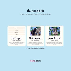 May include: An informational graphic on a light blue background titled the honest bit, three things worth knowing before you pay. It features three white panels explaining byo app, flat colour, and proof first, ending with hello paint.