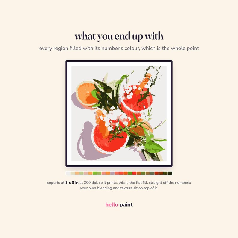 May include: A square paint-by-numbers digital graphic featuring citrus fruits and greenery with the text "what you end up with" and "exports at 8 x 8 in at 300 dpi, so it prints, this is the flat fill, straight off the numbers" and "hello paint".