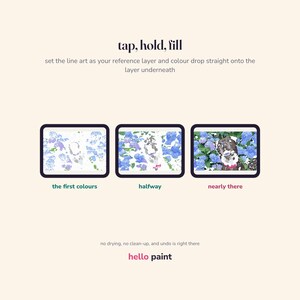 May include: A digital tutorial graphic titled tap, hold, fill with instructions to set line art as a reference layer. Three screens show a dog illustration being colored with blue hydrangeas. Labels read the first colours, halfway, nearly there, and hello paint.