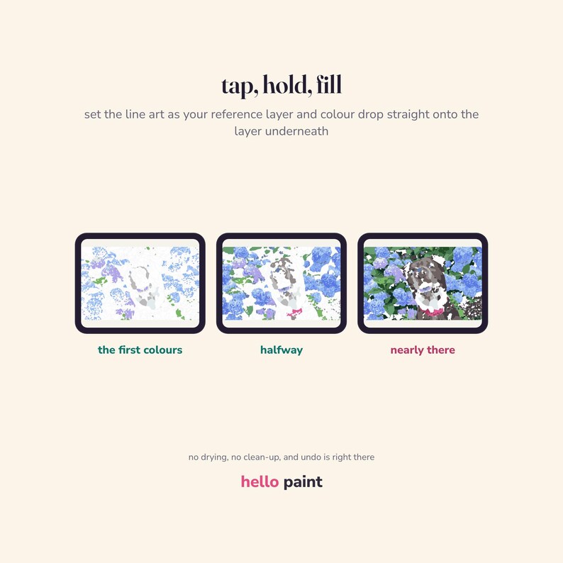 May include: A digital tutorial graphic titled tap, hold, fill with instructions to set line art as a reference layer. Three screens show a dog illustration being colored with blue hydrangeas. Labels read the first colours, halfway, nearly there, and hello paint.