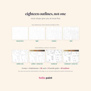 Pu&ograve; includere: Un grafico informativo intitolato eighteen outlines, not one, che mostra modelli di pittura con i numeri. Presenta quattro livelli di oscurit&agrave;, da barely there a dark, e quattro varianti: solo contorno, con barra dei colori, numerato e numerato con barra dei colori.