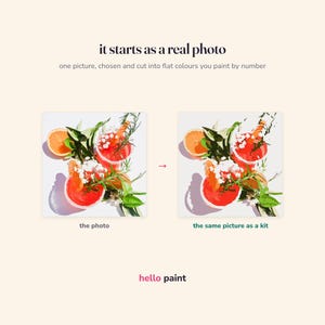 May include: A paint by number kit display featuring the text it starts as a real photo, one picture, chosen and cut into flat colours you paint by number. It shows a side-by-side comparison of a photograph and a paint by number kit of citrus drinks.