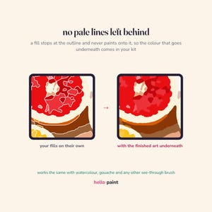 May include: An instructional graphic titled no pale lines left behind showing two square panels. The left panel displays a red and brown segmented illustration labeled your fills on their own. The right panel shows the finished art underneath.