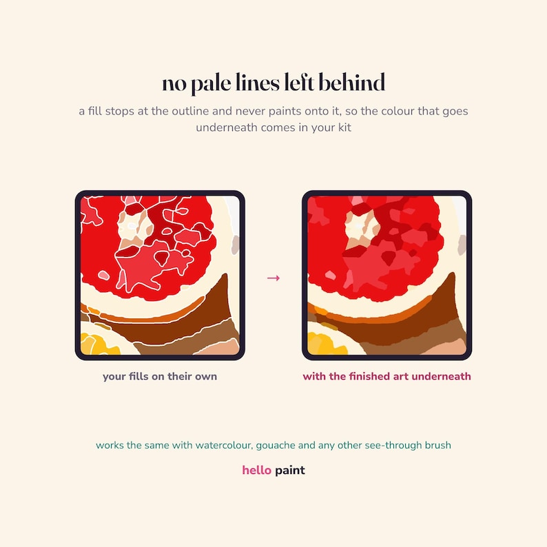 May include: An instructional graphic titled no pale lines left behind showing two square panels. The left panel displays a red and brown segmented illustration labeled your fills on their own. The right panel shows the finished art underneath.