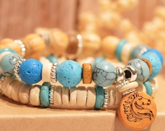 Pulseira Empilhável Cavalo de Fogo, Pulseira Difusora com Contas de Lava Turquesa, Estilo Praiano, Pingente com Signo do Zodíaco Gravado, Presente para Amantes de Cavalos
