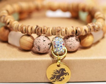 Pulseira Difusora Cavalo de Fogo, Pulseira de Lava com Contas do Zodíaco, Pingente Talismã Gravado, Pulseira de Pedras Naturais em Camadas, Presente de Horóscopo para Ela