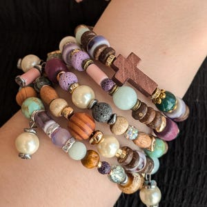 Multi Coloured Gemstone Bracelet, Mixed Bead Memory Wire Cuff, Western Style Beaded Cross Bracelet, Christian Jewelry Gift For Wife