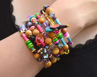 Perlen Armreif Armband Stack, Tropical Memory Draht Manschette, OOAK 40