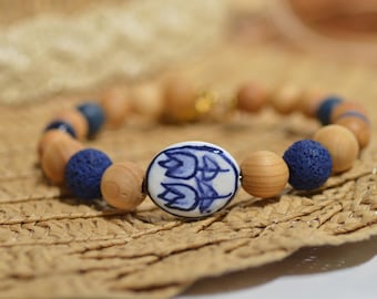 Handmade Boho Bracelet, Hand Painted Ceramic & Natural Wood Bead Jewelry, Blue Jewelry For Women, Artisan Gift for Artist or Teacher