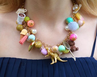 Colorful Maximalist Chunky Charm Necklace, Funky Upcycled Statement Necklace For Women, Quirky One of a Kind Wearable Art Gift