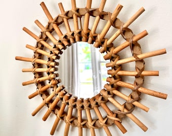 Vintage Rattan Sunburst Mirror | Woven Bamboo Wall Decor (11" Diameter)