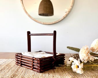 Vintage Woven Wood Napkin Basket with Handle | Natural Rattan Kitchen Table Storage