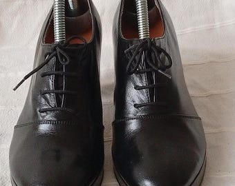 Vintage Black Leather Oxford Heels |Chunky Lace-Up Pumps | Steampunk Shoes  | Size 37 EU