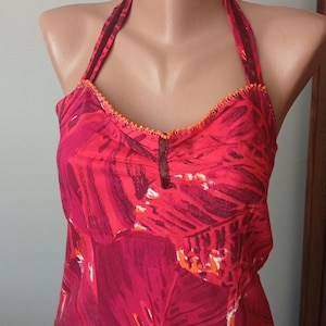 90s Beaded Halter Crop Top: Abstract Print Boho Festival Top